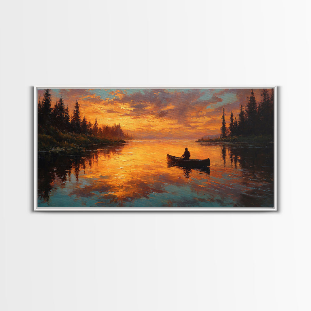 Golden Canoe At Sunset On Quiet Forest Lake Canvas Print, Rustic Cabin Wall Art, Nature Decor, Landscape Painting, Lake House Decor