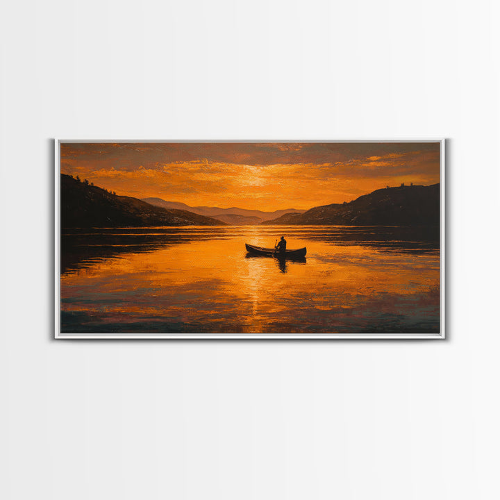 Orange Sunset Lake Boat Silhouette Canvas Print, Rustic Landscape Wall Decor, Serene Cabin Living Room Art, Housewarming Gift