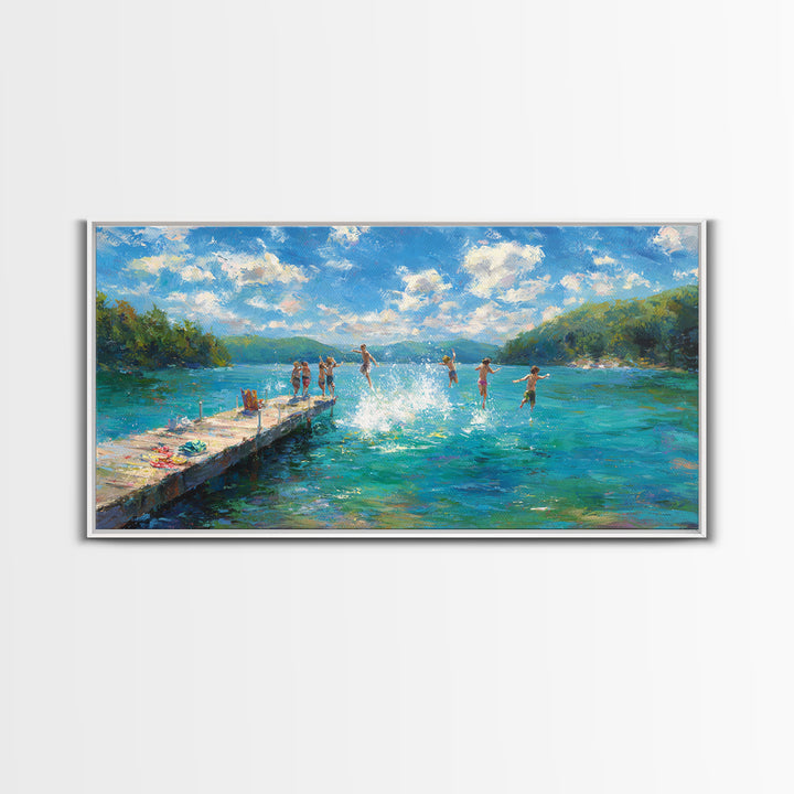 Joyful Summer Kids Jumping Into Blue Lake Artwork, Vibrant Landscape Canvas Print, Wall Art For Family Room And Children's Bedroom Decor