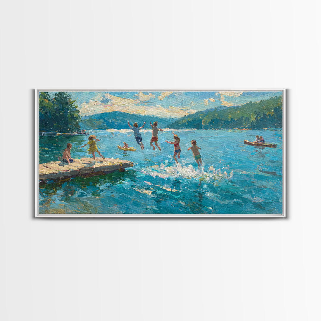 Children Jumping Into Lake On Summer Day With Vibrant Blue Water And Green Landscape Wall Art Canvas Print For Home Decor