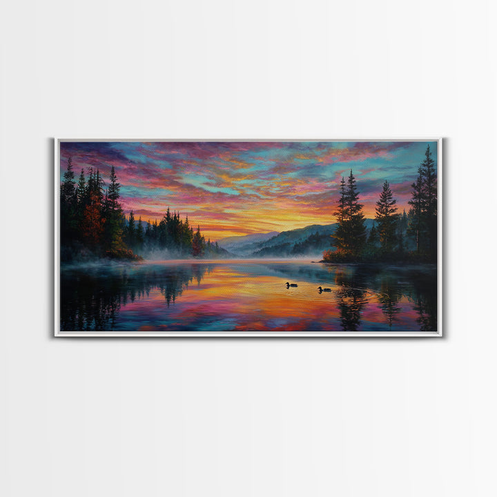 Serene Misty Lake Sunset Landscape Painting Wall Art Canvas Print For Tranquil Living Room Décor