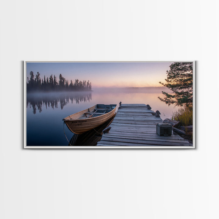 Misty Lake Morning With Boat And Trees Soft Pastel Landscape Wall Art For Rustic Home Decor And Large Framed Canvas Print
