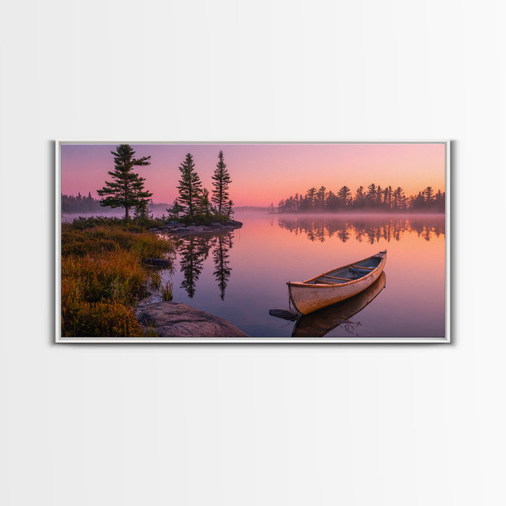 Peaceful Canoe On Misty Calm Lake At Sunrise Nature Wall Art Canvas Print For Tranquil Home Decor