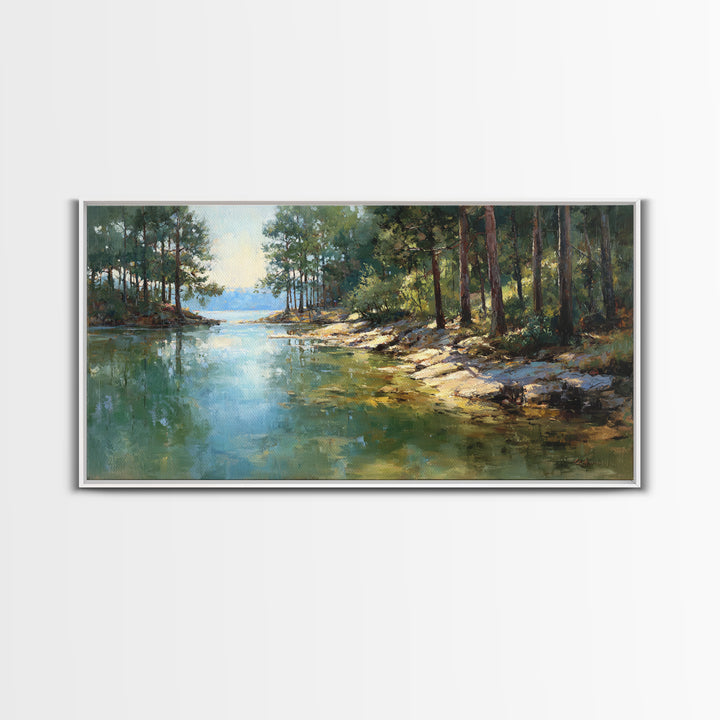 Woodland Landscape Painting With Misty Lake Framed Canvas Print Wall Art Rustic Nature Home Decor Large Art Print