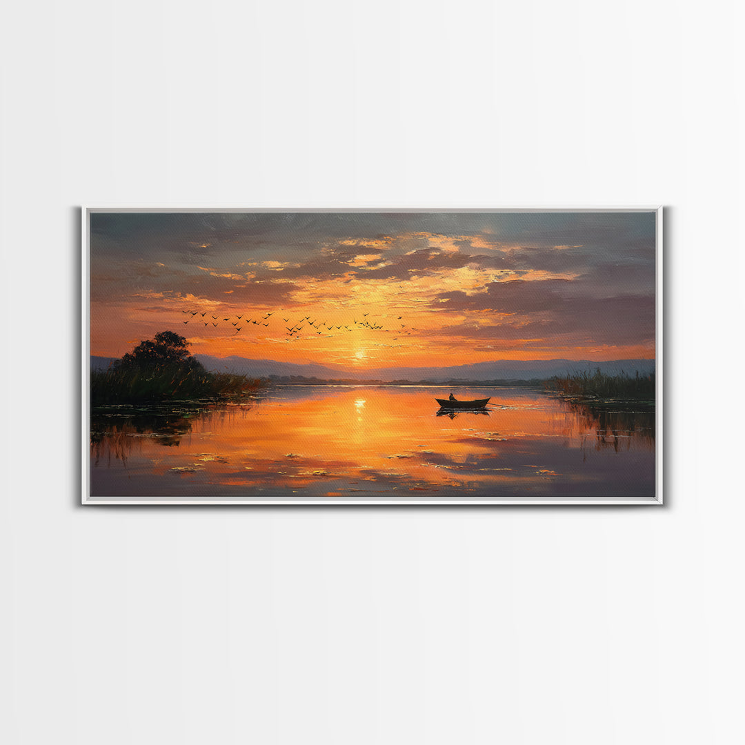 Majestic Sunset Over Calm River With Birds Flying Silhouettes Realistic Painting Wall Art Framed Canvas Print For Serene Decor