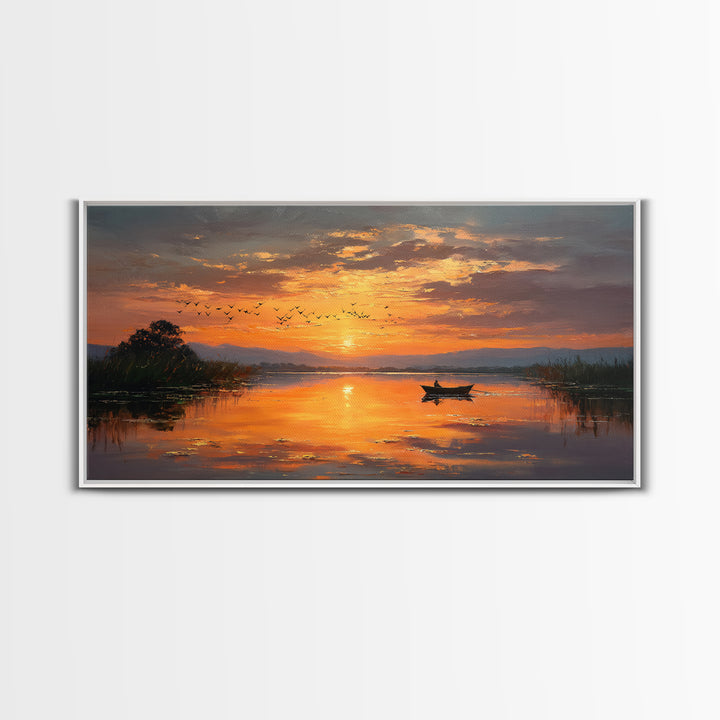 Majestic Sunset Over Calm River With Birds Flying Silhouettes Realistic Painting Wall Art Framed Canvas Print For Serene Decor