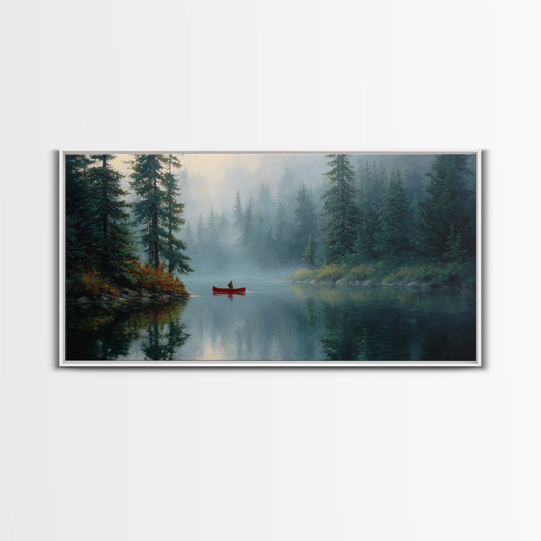 Peaceful Forest Lake With Canoe And Mist Landscape Oil Painting Canvas Print Large Wall Art For Cozy Living Room Decor