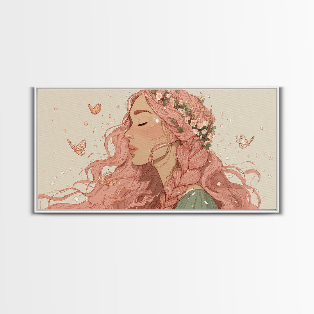 Pink Braided Floral Woman Portrait Wall Art, Feminine Boho Decor, Whimsical Butterfly Canvas Art, Gift For Her, Living Room Decor