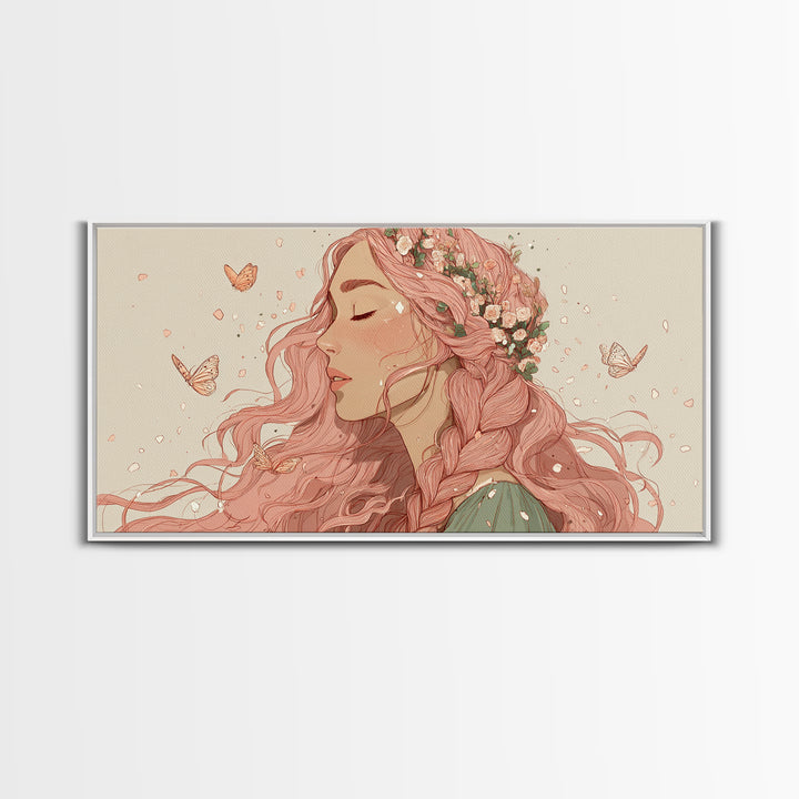 Pink Braided Floral Woman Portrait Wall Art, Feminine Boho Decor, Whimsical Butterfly Canvas Art, Gift For Her, Living Room Decor