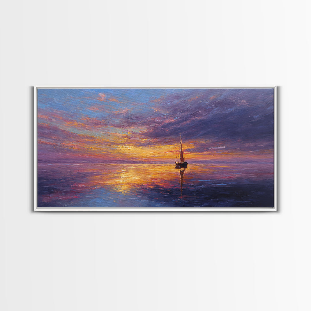 Sailboat Sunset Canvas Print Colorful Seascape Wall Art Modern Coastal Home Decor Nautical Poster