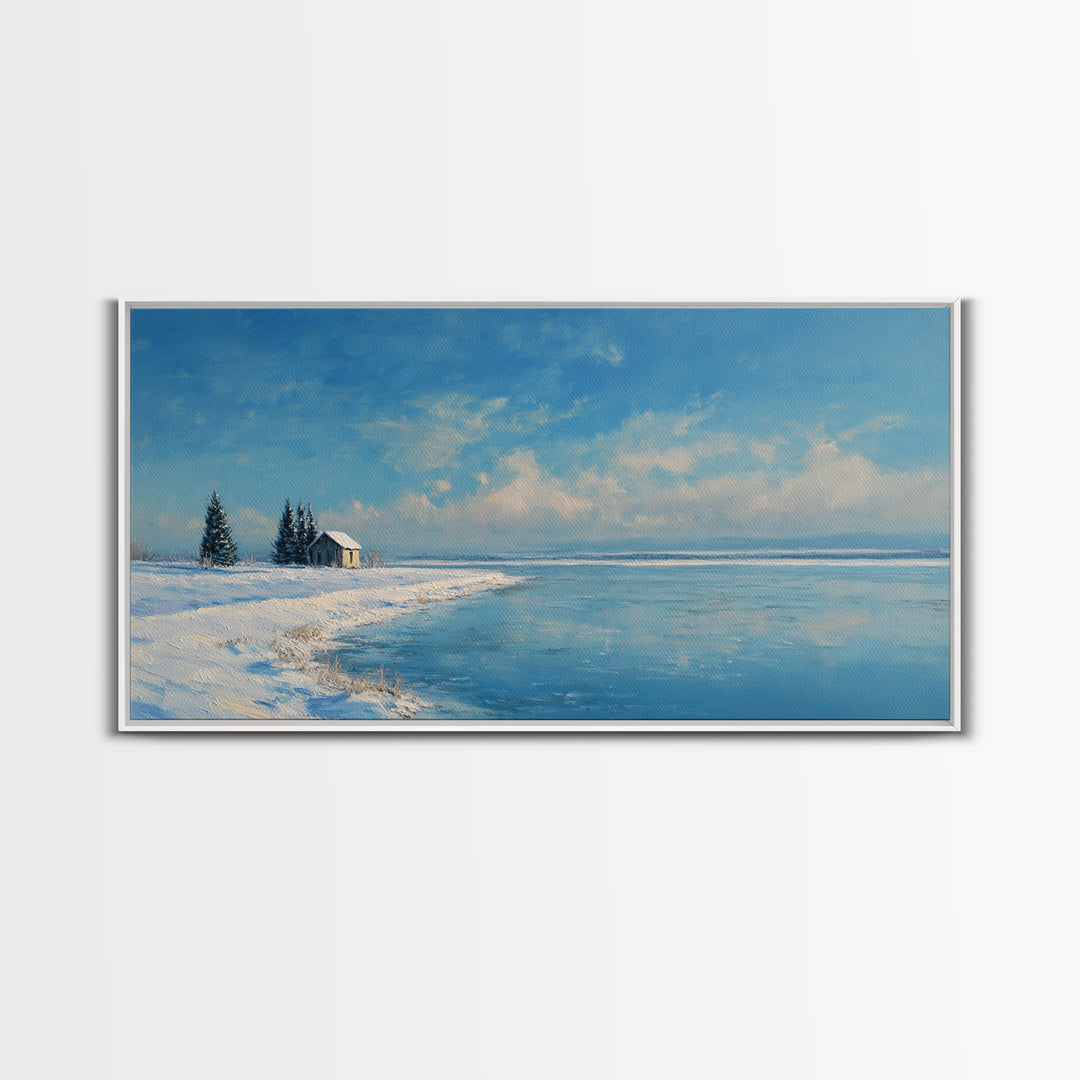 Serene Winter Lake Landscape Painting With Snowy Cabin And Pine Trees Art Print Wall Art Canvas Print For Home Decor
