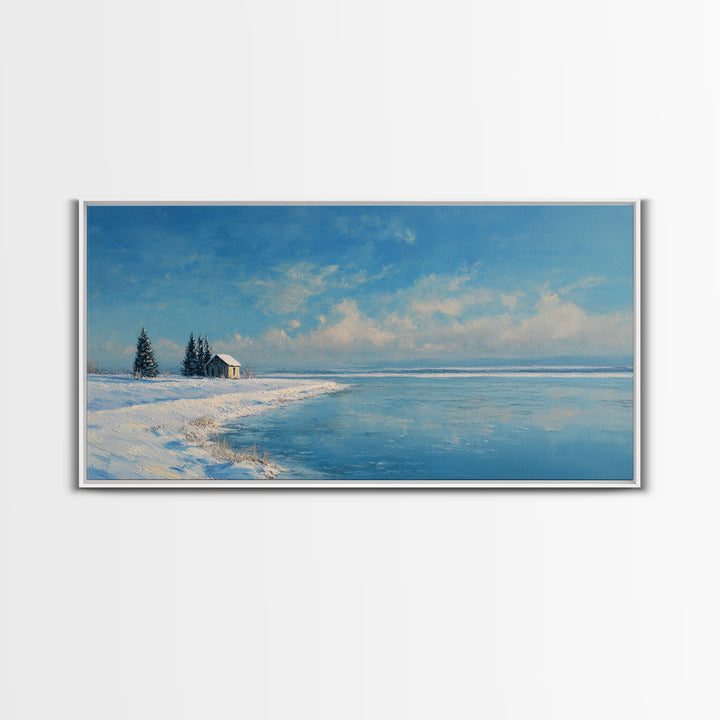Serene Winter Lake Landscape Painting With Snowy Cabin And Pine Trees Art Print Wall Art Canvas Print For Home Decor