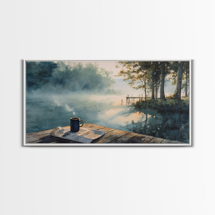 Morning Misty Lake With Coffee Cup Rustic Watercolor Painting Wall Art Framed Canvas Print