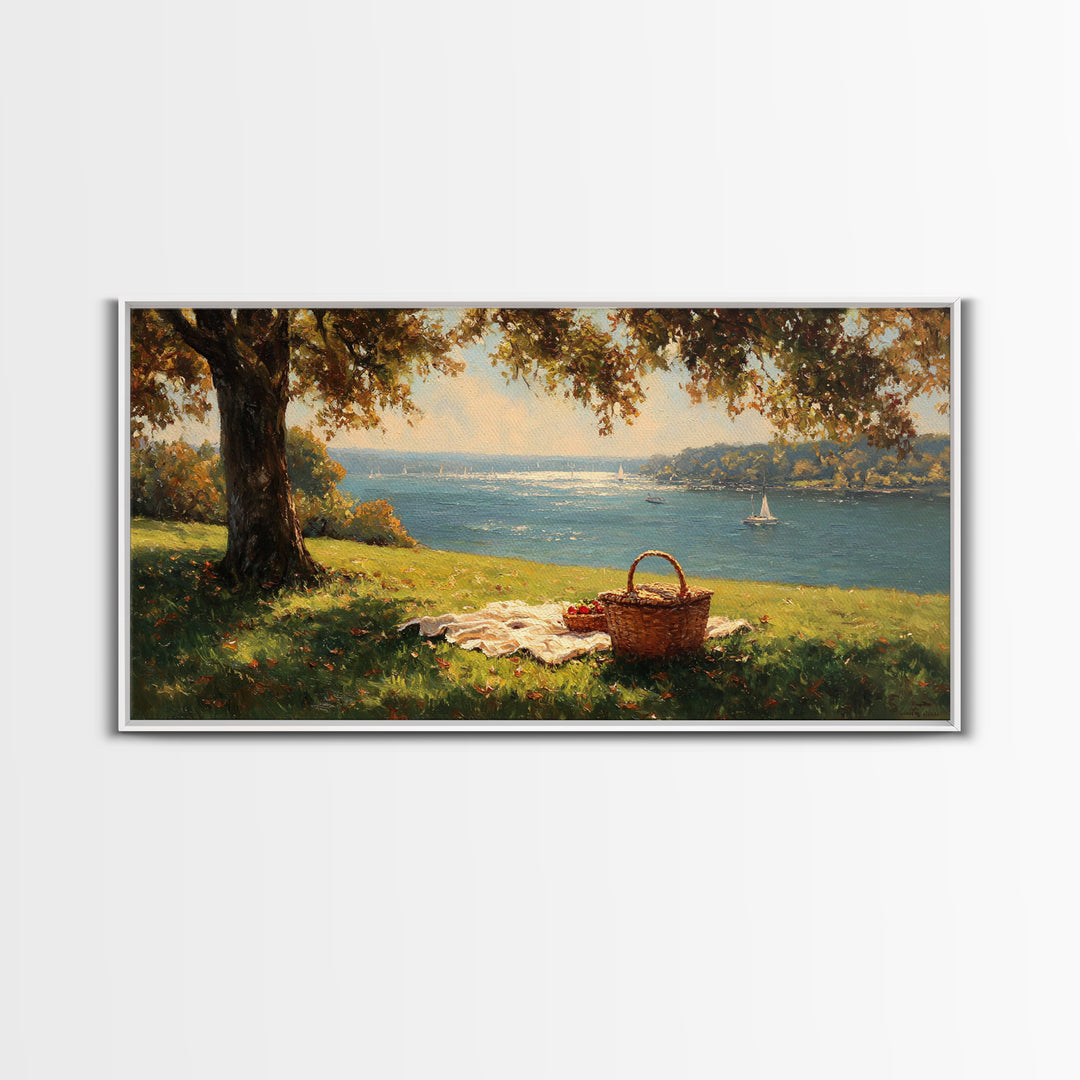 Sunlit Picnic Scene Overlooking Blue Lake With Sailboats Wall Art Framed Canvas Print Coastal Decor