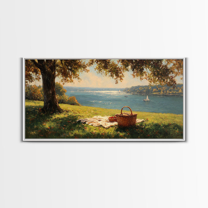 Sunlit Picnic Scene Overlooking Blue Lake With Sailboats Wall Art Framed Canvas Print Coastal Decor