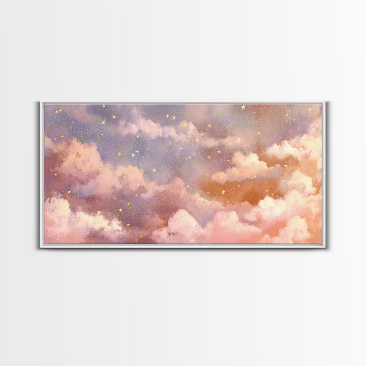 Pastel Celestial Clouds And Gold Stars Canvas Print, Dreamy Nursery Wall Art, Whimsical Decor, Bedroom Wall Decor, Gift For Her