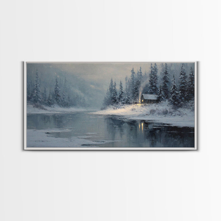 Cozy Cabin In Snow Winter Landscape Painting Oil On Canvas Framed Canvas Print For Home Decor