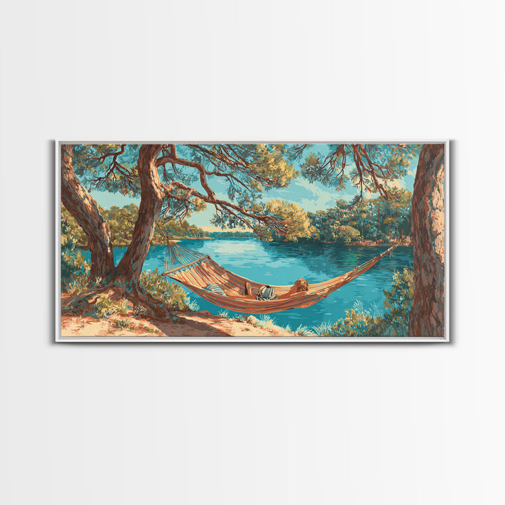Relaxing Lake Scene With Hammock And Man Reading Wall Art Painting Canvas Print For Tranquil Bedroom Or Living Room Decor