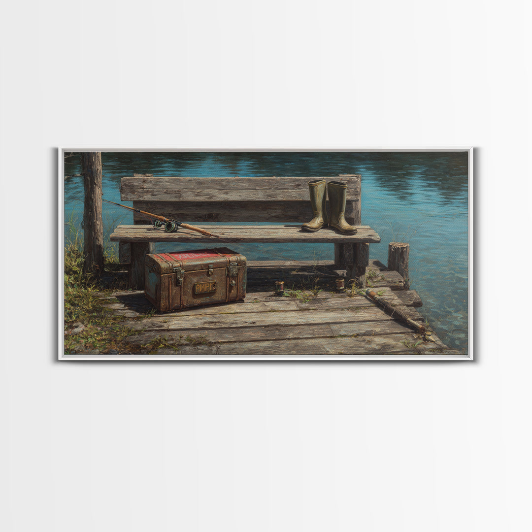 Rustic Fishing Dock With Boots And Rods Oil Painting Rustic Wall Art Framed Canvas Print For Cabin Decor And Nature Lovers