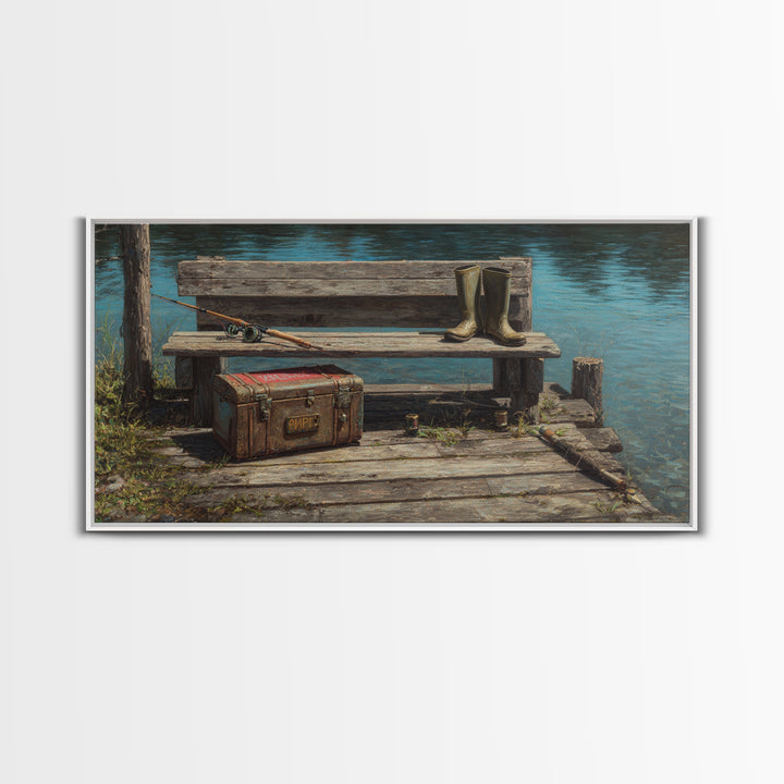 Rustic Fishing Dock With Boots And Rods Oil Painting Rustic Wall Art Framed Canvas Print For Cabin Decor And Nature Lovers