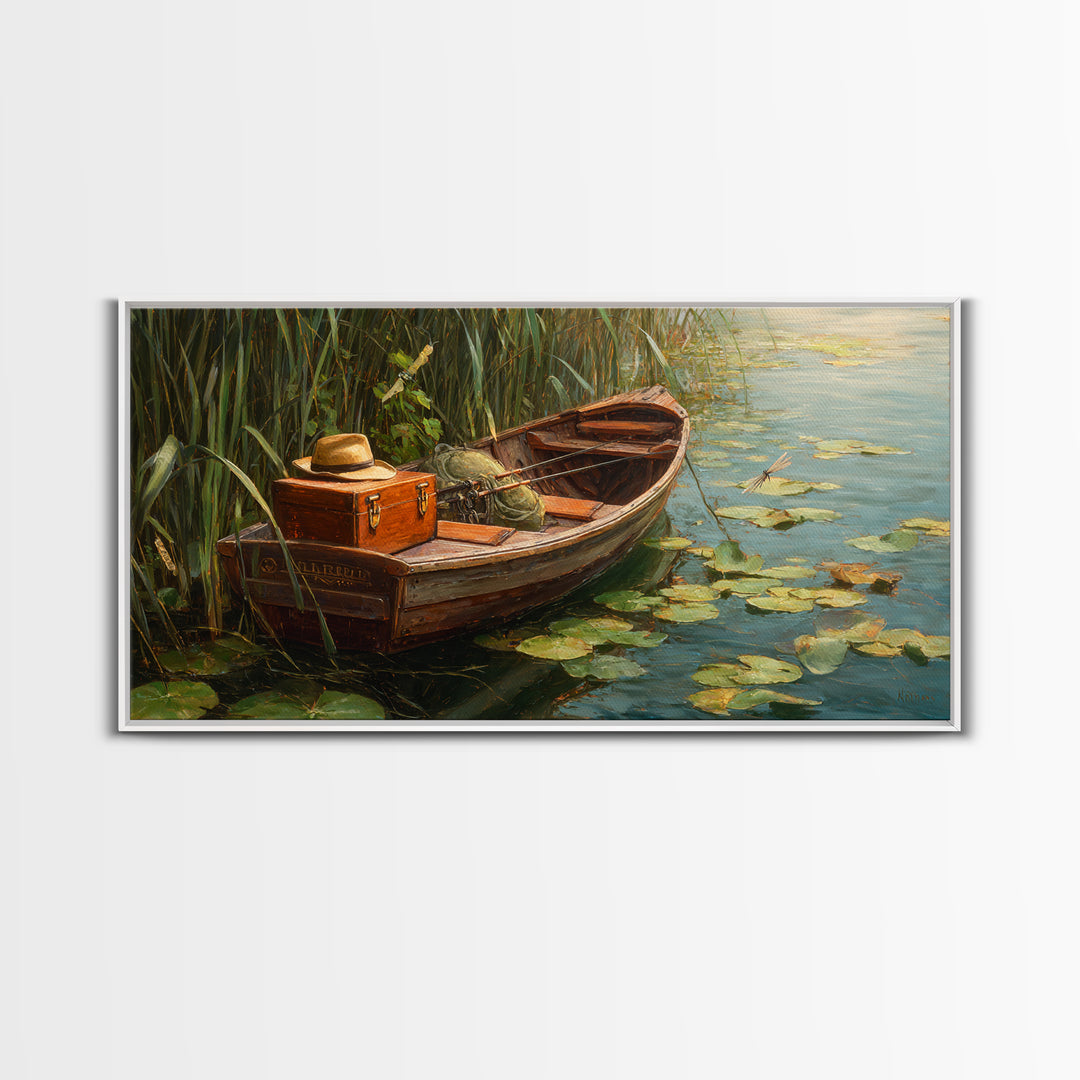 Rustic Lake Sunset Landscape With Adirondack Chairs Oil Painting Framed Canvas Print Wall Art