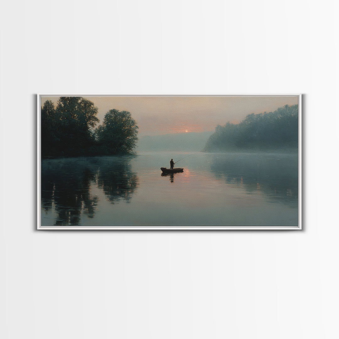 Serene Fisherman In Early Morning Mist Over Glassy River Original Oil Painting Wall Art For Living Room Decor