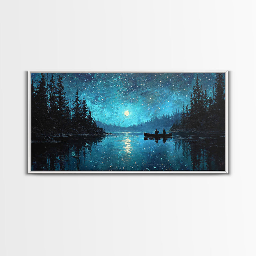 Starry Night Landscape With Canoeists On A Moonlit Lake Original Oil Painting Wall Art