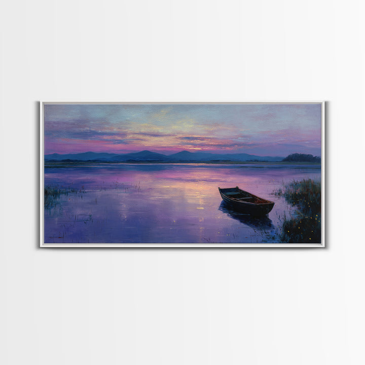 Peaceful Sunrise With Boat On Calm Lake Landscape Painting Large Wall Art For Living Room
