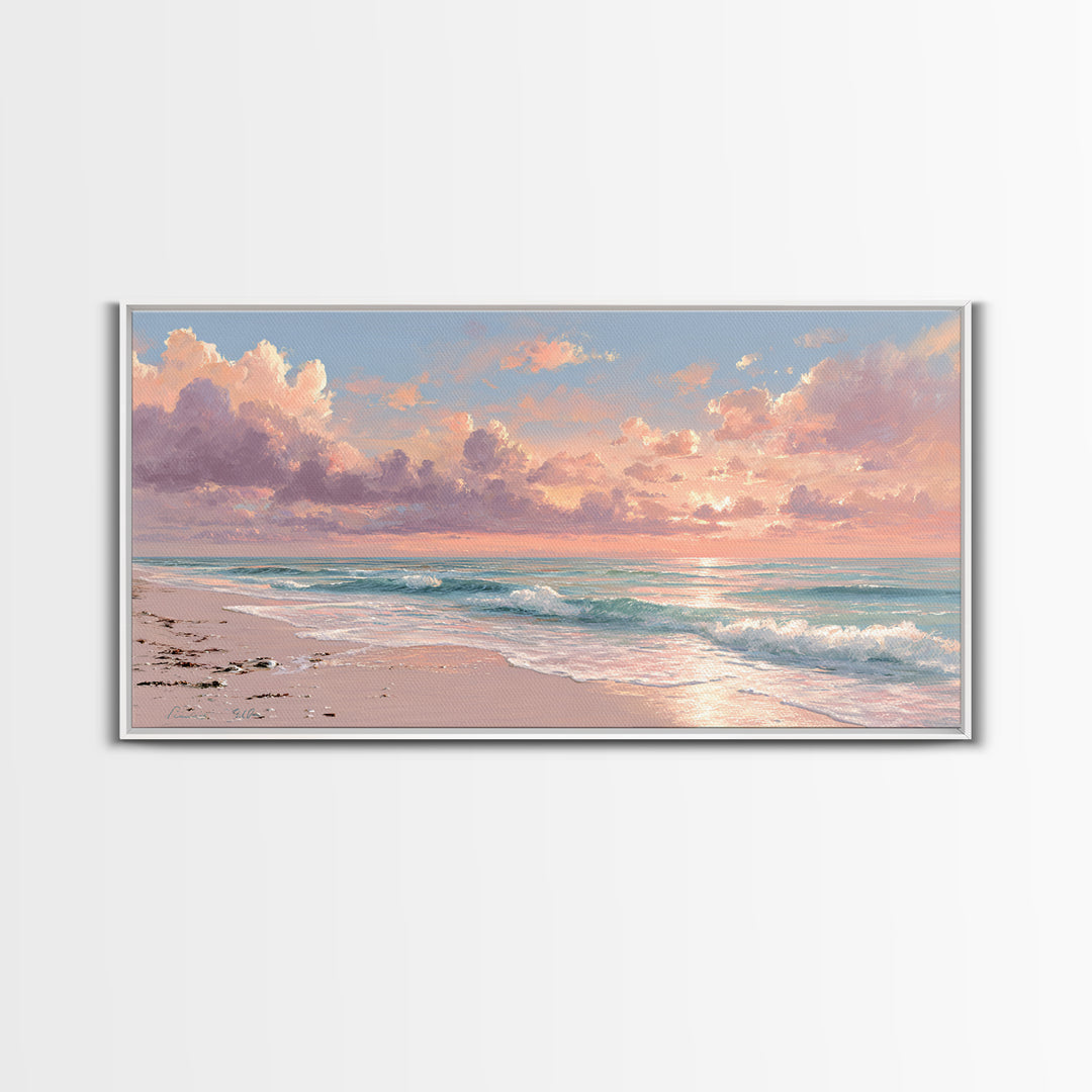 Pink Cloud Beach Sunrise Framed Canvas Print, Coastal Wall Art, Ocean Waves Seascape, Beach House Decor, Living Room Decor