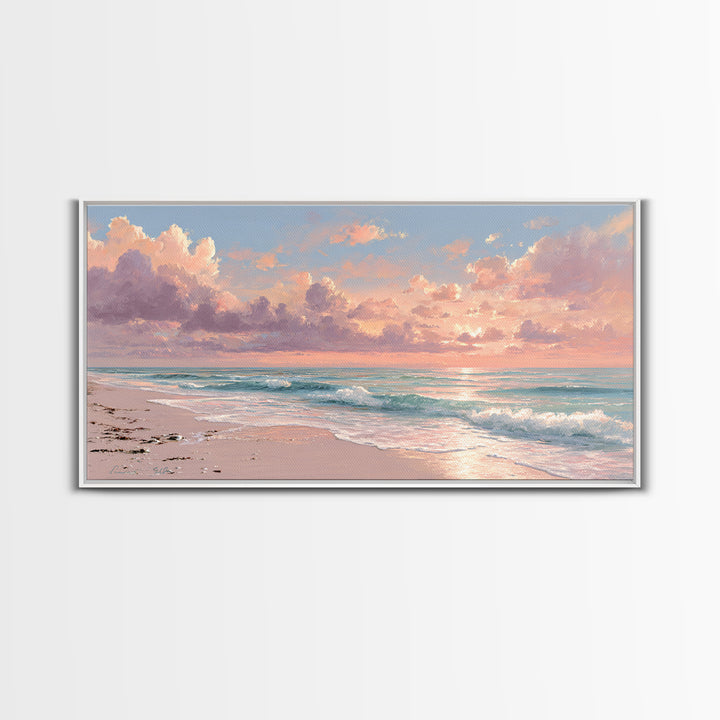 Pink Cloud Beach Sunrise Framed Canvas Print, Coastal Wall Art, Ocean Waves Seascape, Beach House Decor, Living Room Decor