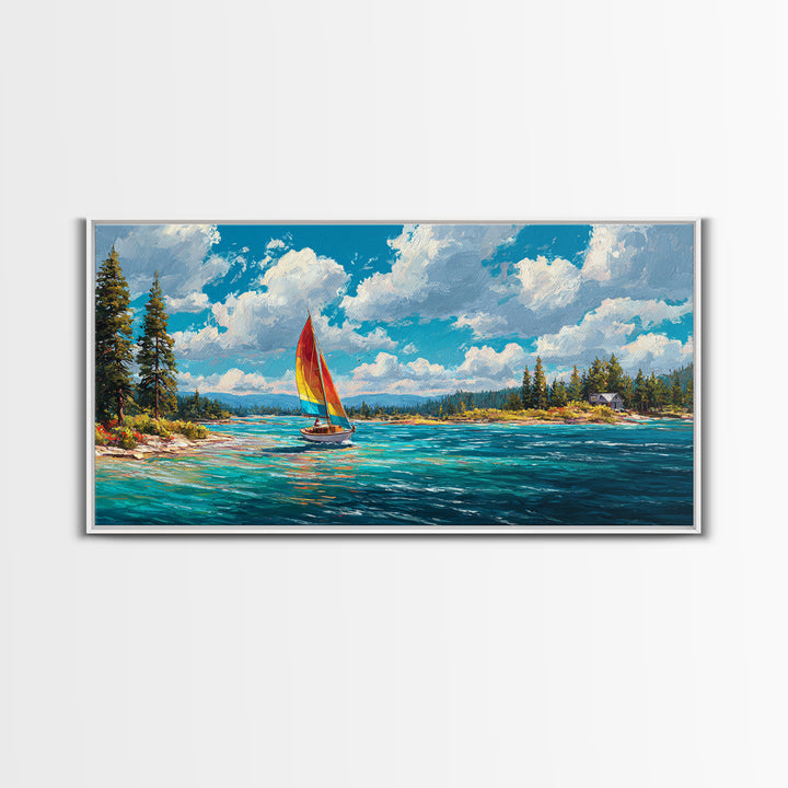Vibrant Abstract Coastal Scene Sailing Boat Oil Painting Canvas Print Wall Art Beach Home Decor Large Wall Art Bright Wall Decoration
