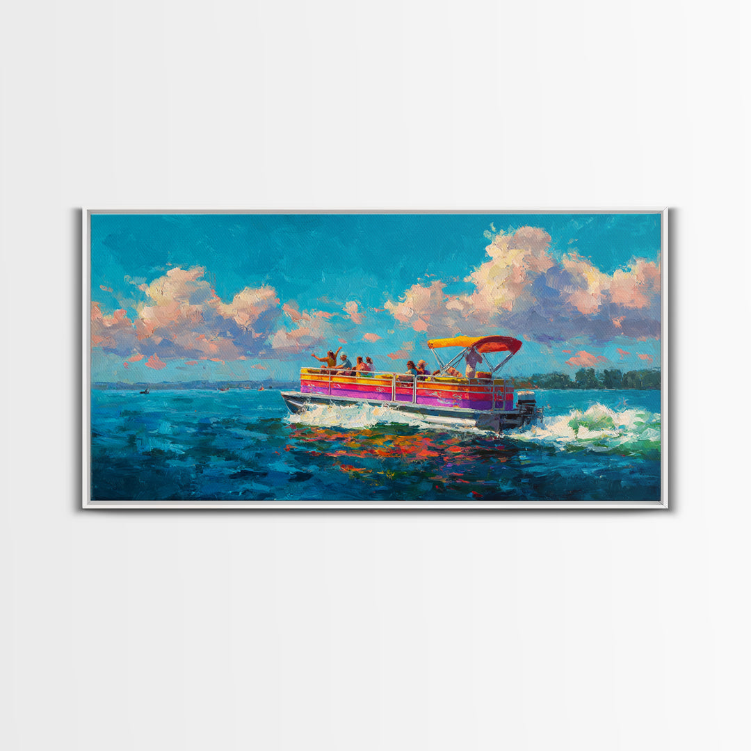 Vibrant Party Boat At Sea With Cheerful Passengers At Sunset Wall Art Framed Canvas Print Bright Colorful Coastal Decor