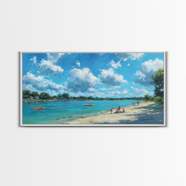 Beautiful Vibrant Oil Painting Of Lake Scene With Kayakers And Blue Sky Canvas Print Large Wall Art Home Decor Living Room Wall Art