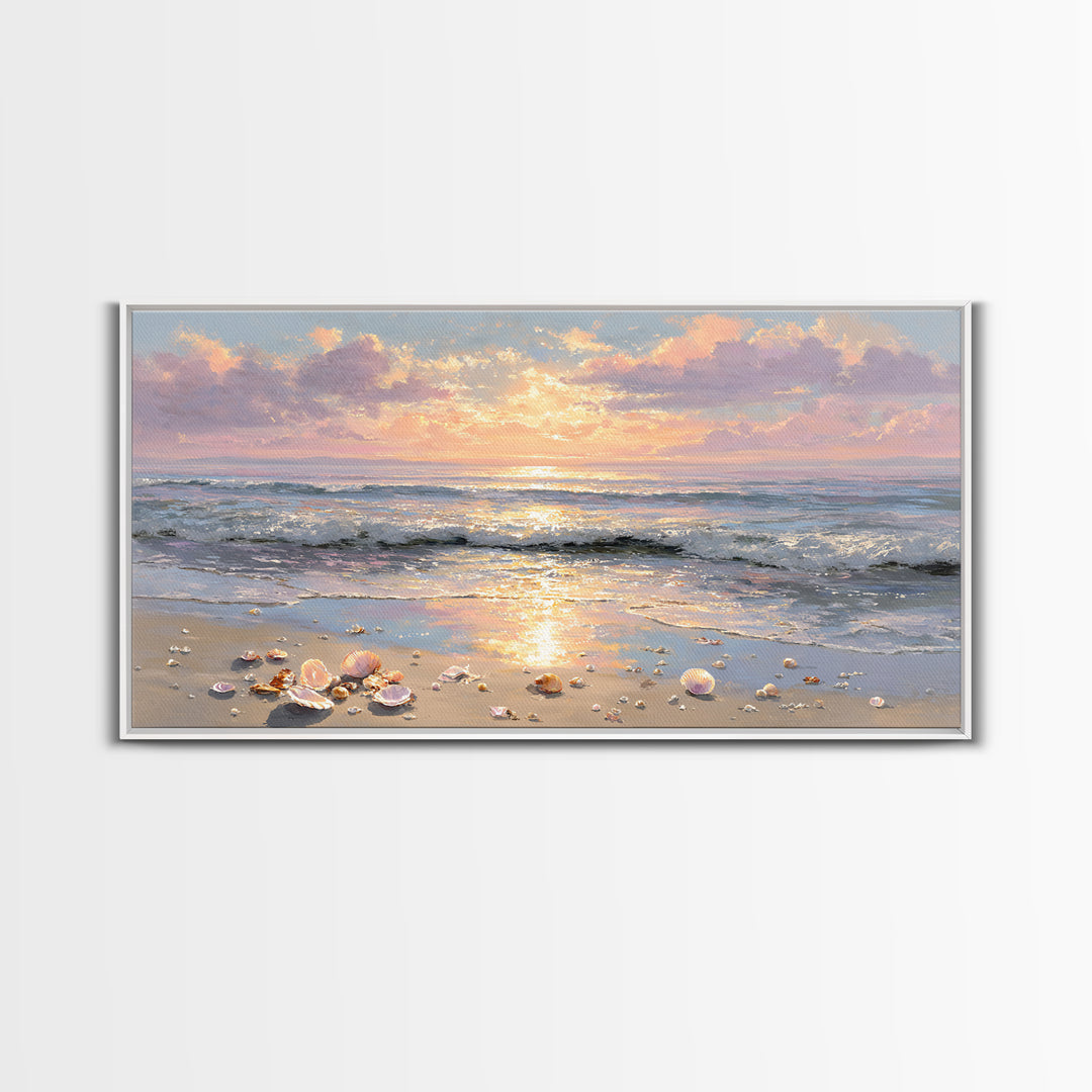 Glowing Seashell Ocean Sunrise Canvas Print, Coastal Wall Art, Beach House Decor, Nautical Seascape, Gift For Her, Living Room Art