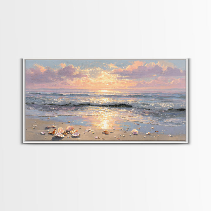 Glowing Seashell Ocean Sunrise Canvas Print, Coastal Wall Art, Beach House Decor, Nautical Seascape, Gift For Her, Living Room Art