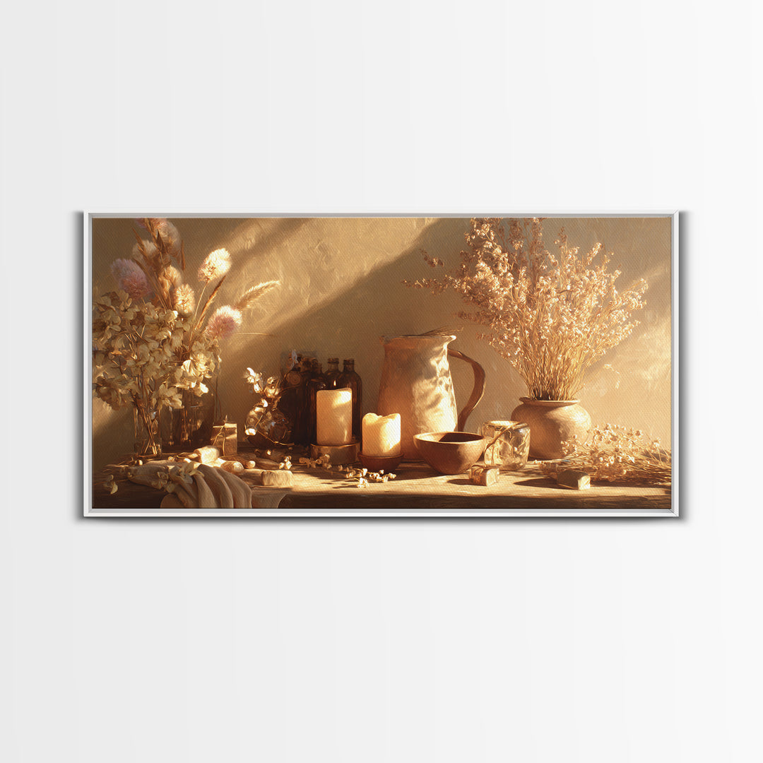 Golden Candle Dried Flower Still Life Wall Art, Neutral Wabi Sabi Decor, Rustic Home Decor, Cozy Framed Canvas Print, Gift