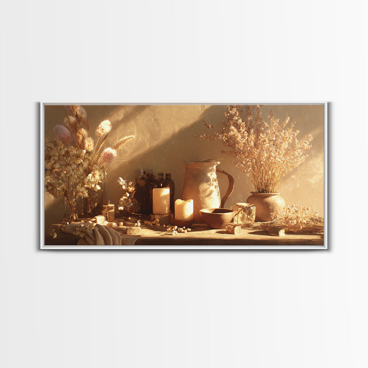 Golden Candle Dried Flower Still Life Wall Art, Neutral Wabi Sabi Decor, Rustic Home Decor, Cozy Framed Canvas Print, Gift
