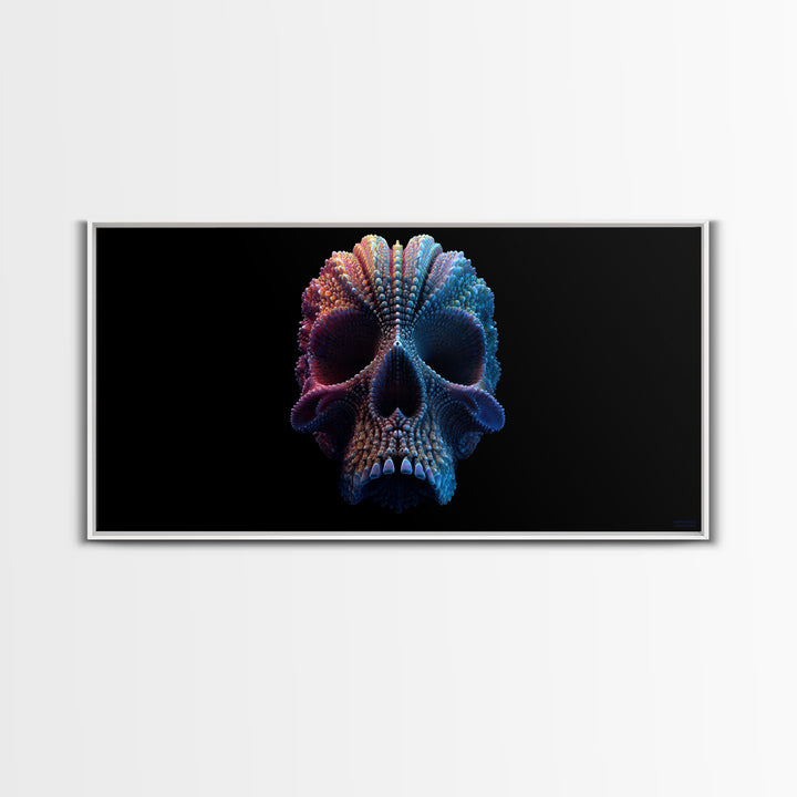 3D Digital Art Skull Sculpture In Moody Blue And Purple Tones Dark Abstract Wall Art Canvas Print For Gothic Home Decor