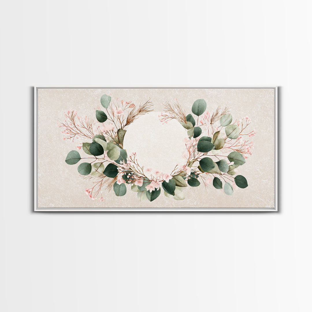 Eucalyptus Floral Wreath Wall Art, Botanical Greenery Print, Neutral Boho Home Decor, Living Room Above Bed Horizontal Canvas