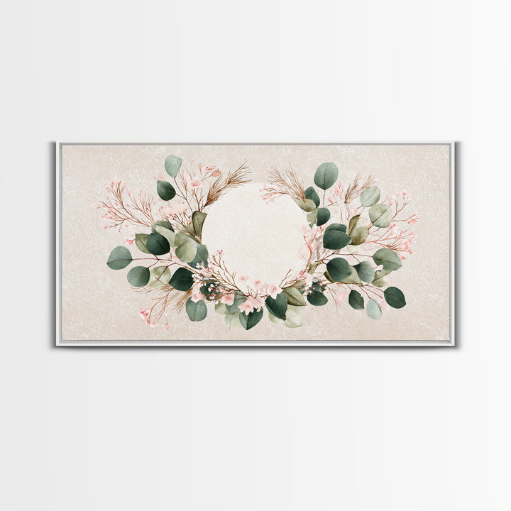 Eucalyptus Floral Wreath Wall Art, Botanical Greenery Print, Neutral Boho Home Decor, Living Room Above Bed Horizontal Canvas