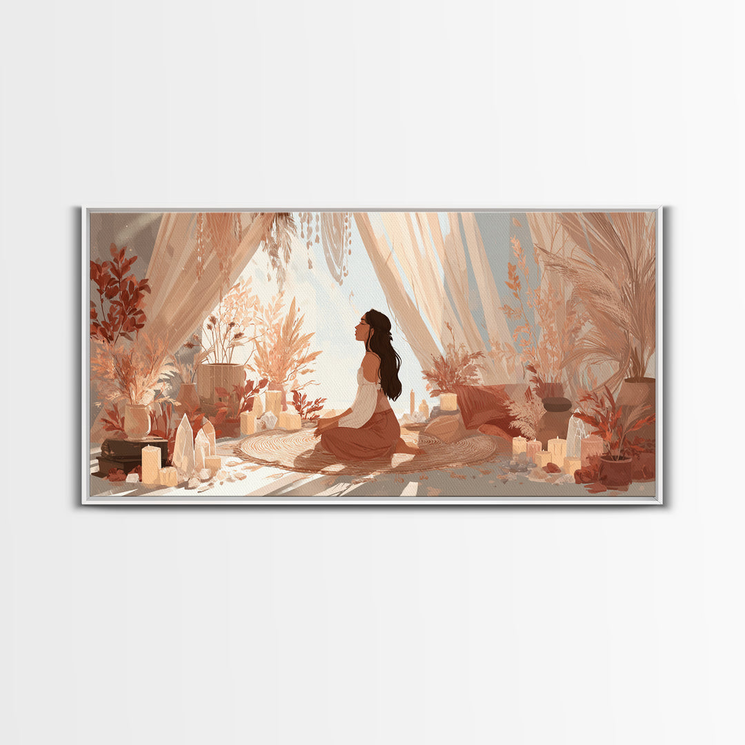 Sunlit Boho Meditation Room With Woman And Crystals Canvas Print, Spiritual Yoga Decor, Serene Feminine Wall Art Gift For Her