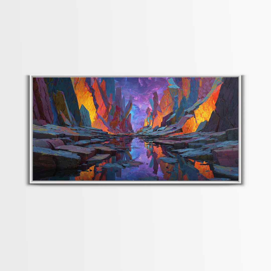 Vibrant Surreal Landscape With Fiery Rock Formations Reflected In Water Large Wall Art Framed Canvas Print