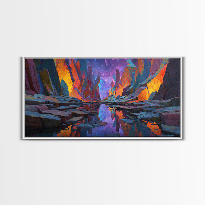 Vibrant Surreal Landscape With Fiery Rock Formations Reflected In Water Large Wall Art Framed Canvas Print
