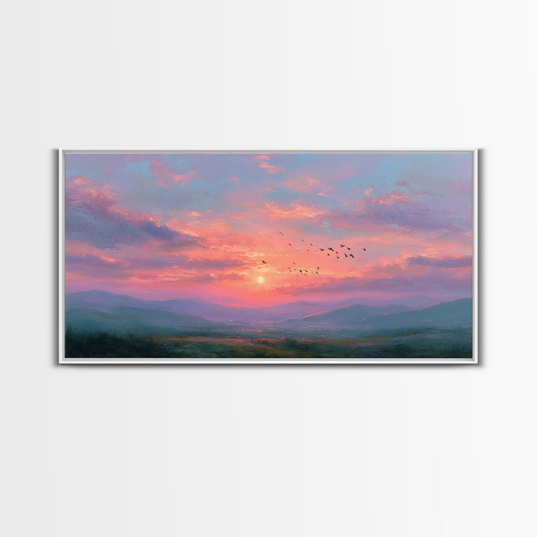 Pink Sunset Mountain Valley Landscape Canvas Print, Misty Nature Wall Art, Large Living Room Decor, Peaceful Housewarming Gift