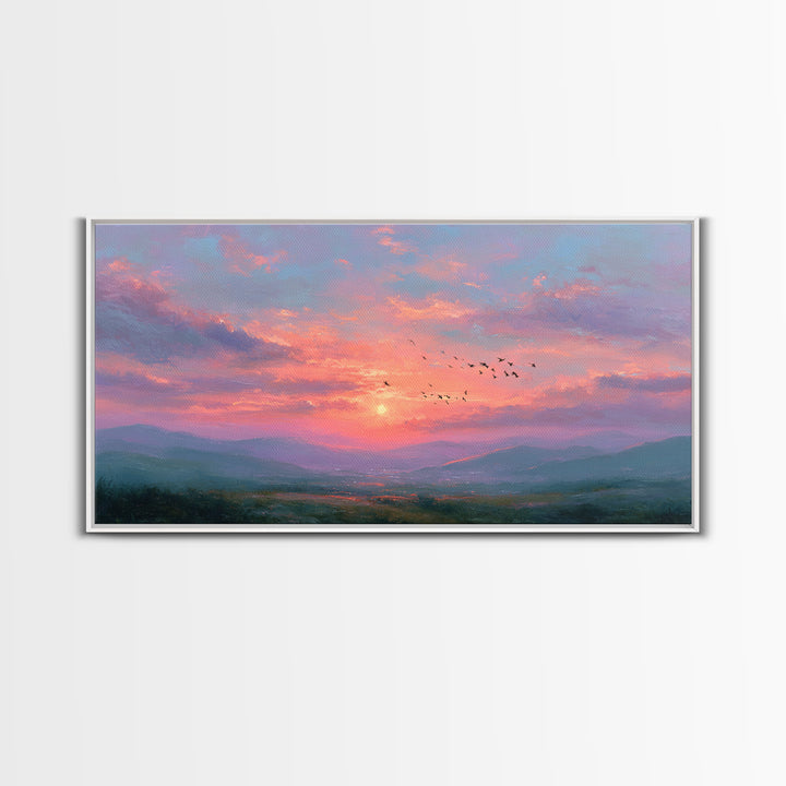 Pink Sunset Mountain Valley Landscape Canvas Print, Misty Nature Wall Art, Large Living Room Decor, Peaceful Housewarming Gift