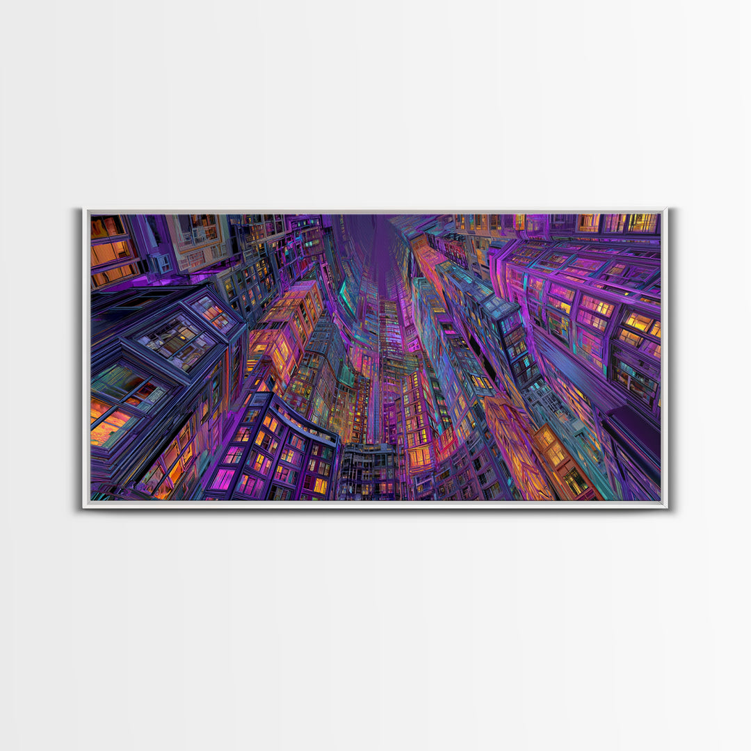 Vibrant Neon Cityscape With Tall Skyscrapers Artistic Wall Art Print, Colorful Urban Home Decor, Modern Framed Canvas Print