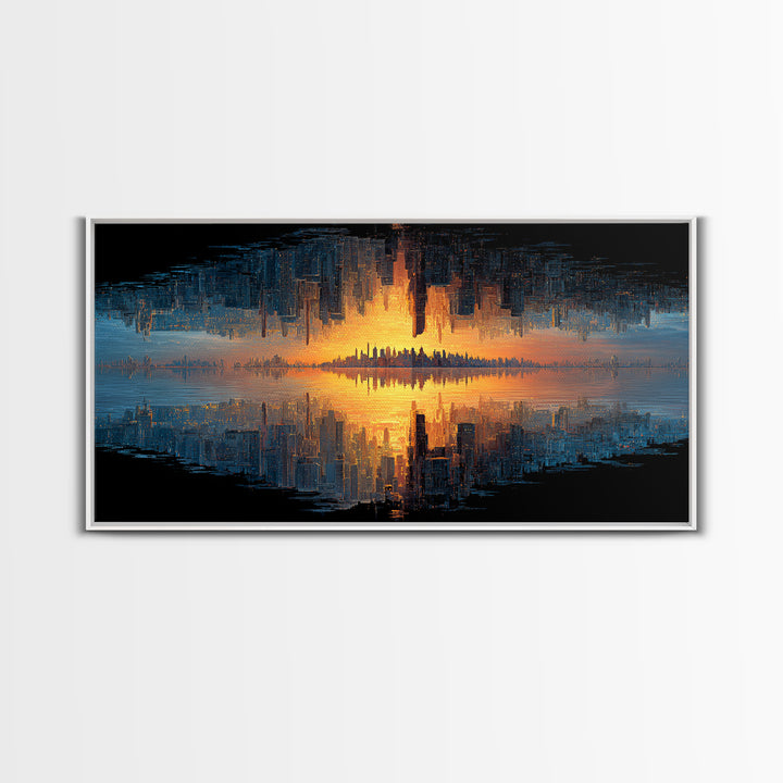 Abstract Cityscape Digital Painting Featuring Inverted Skyline And Sunset Reflection, Canvas Print For Modern Wall Art And Home Decor