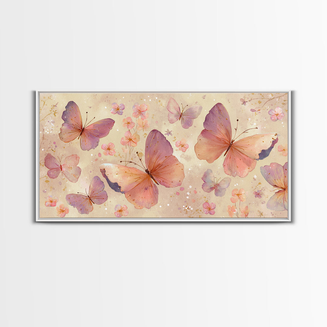 Blush Pink Butterflies And Tiny Flowers Wall Art, Pastel Canvas Print, Whimsical Nursery Bedroom Decor, Feminine Gift For Her