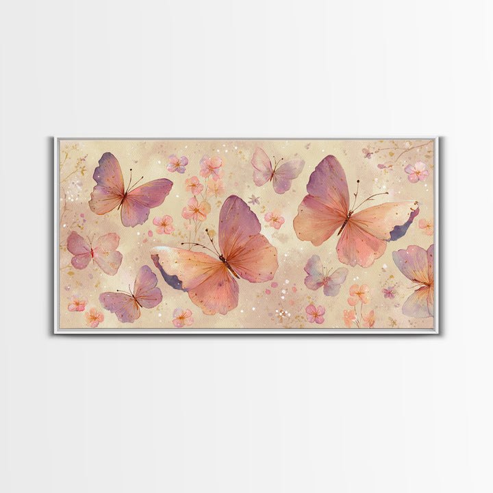 Blush Pink Butterflies And Tiny Flowers Wall Art, Pastel Canvas Print, Whimsical Nursery Bedroom Decor, Feminine Gift For Her