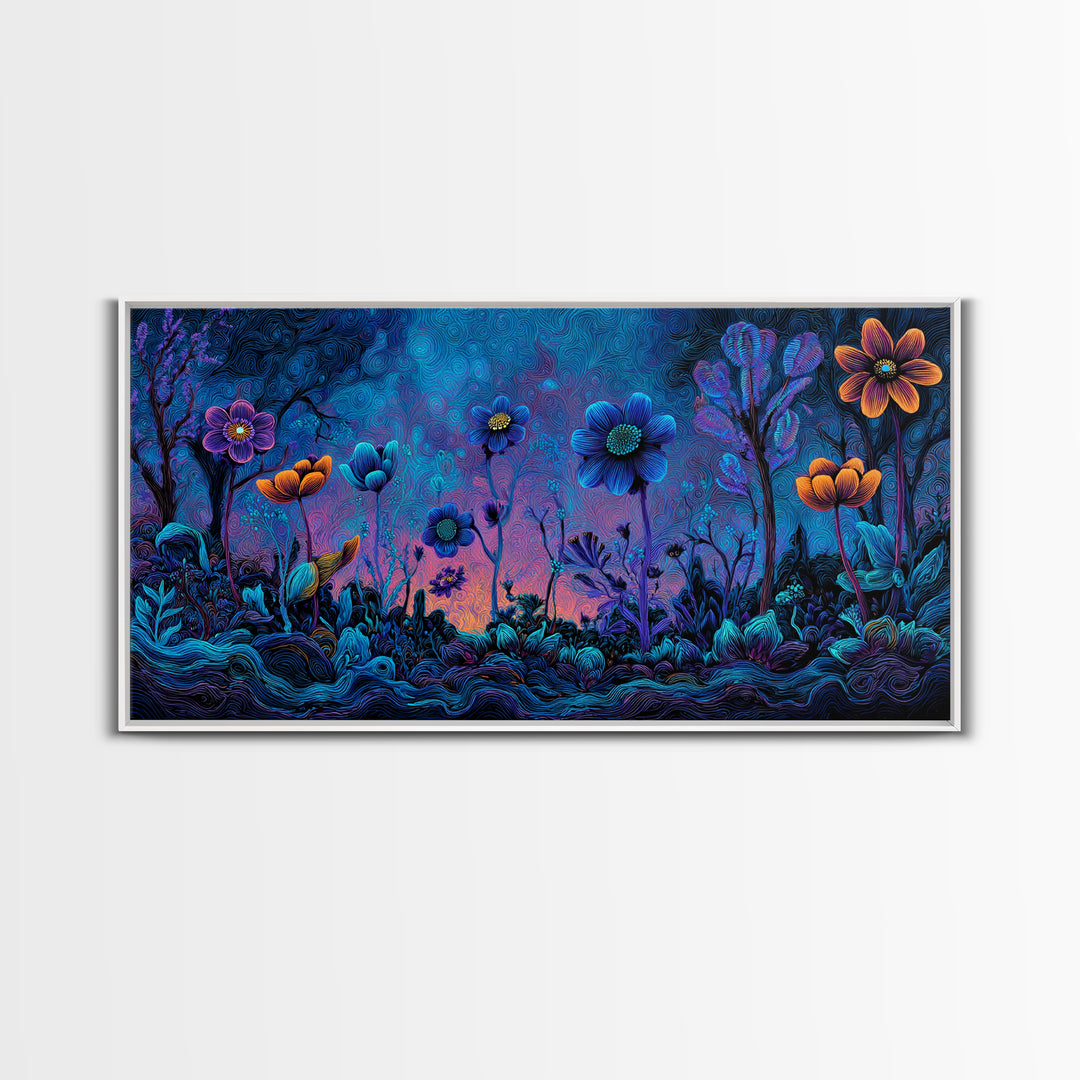 Whimsical Blue And Purple Flowers Digital Painting Vibrant Floral Wall Art Framed Canvas Print For Bedroom Or Living Room Decor